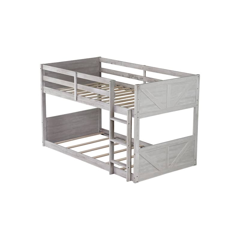 Twin Size Floor Bunk Bed with Safety Guardrails and Built In Ladder