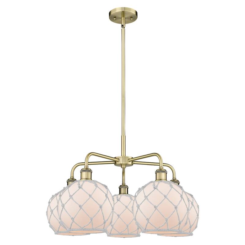 Innovations Lighting Endless Possibilities Ballston - Farmhouse Rope - 5 Light 27" Stem Hung Chandelier - Antique Brass/White Glass with White Rope