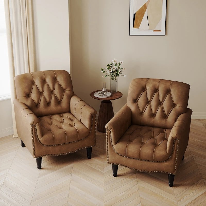 Traditional Faux Leather Tufted Accent Arm Chair with Nailhead Trim