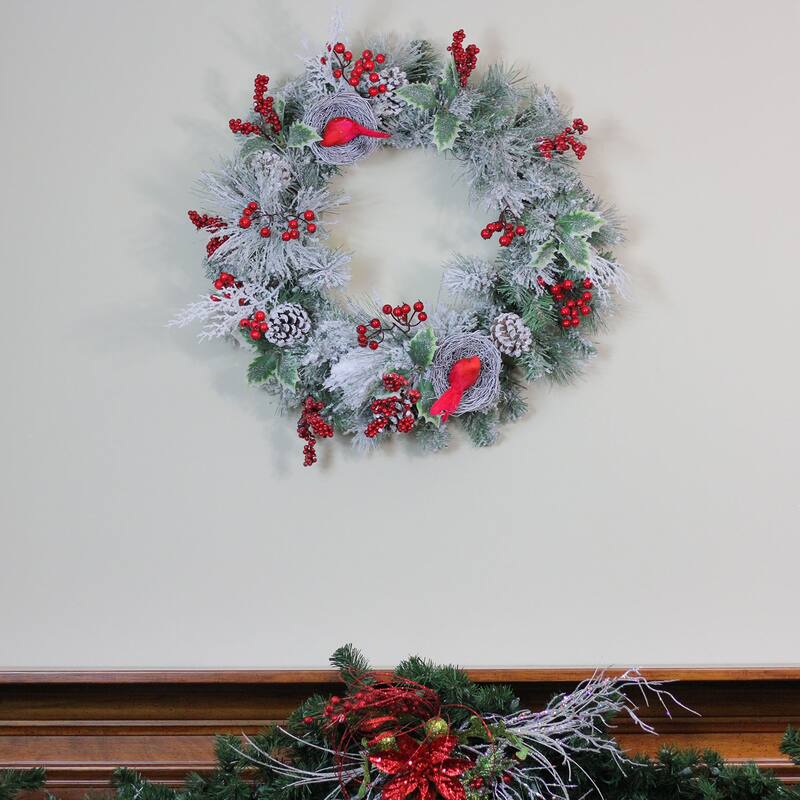 Berries Red Cardinals Nests Flocked Artificial Christmas Wreath 24"