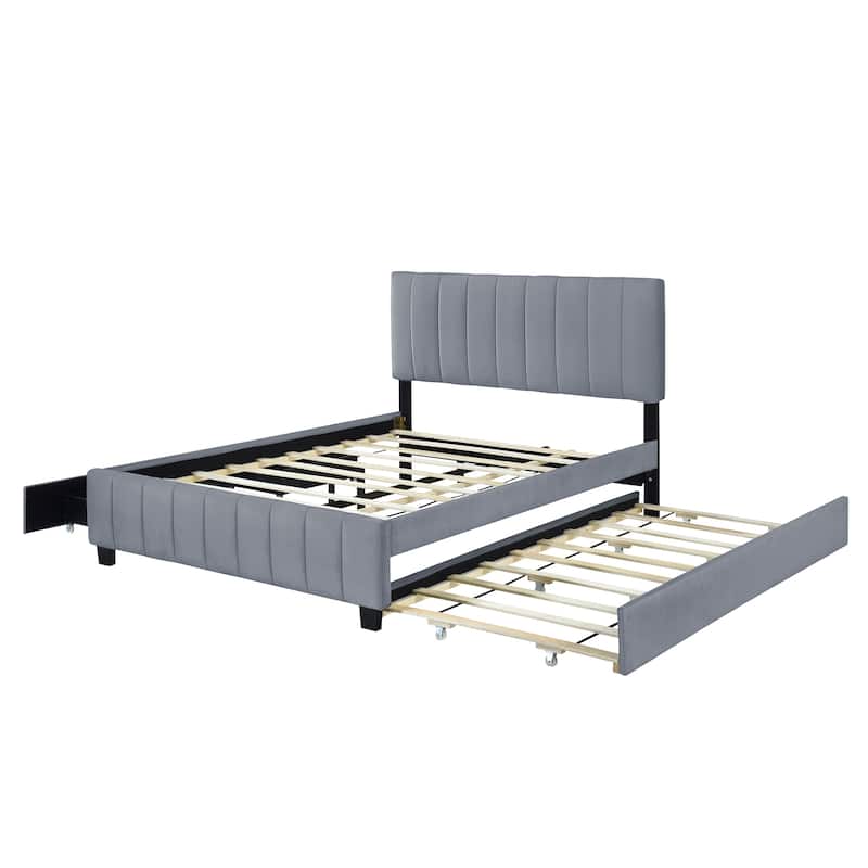 Gray Queen Velvet Upholstered Platform Bed with Drawers & Trundle