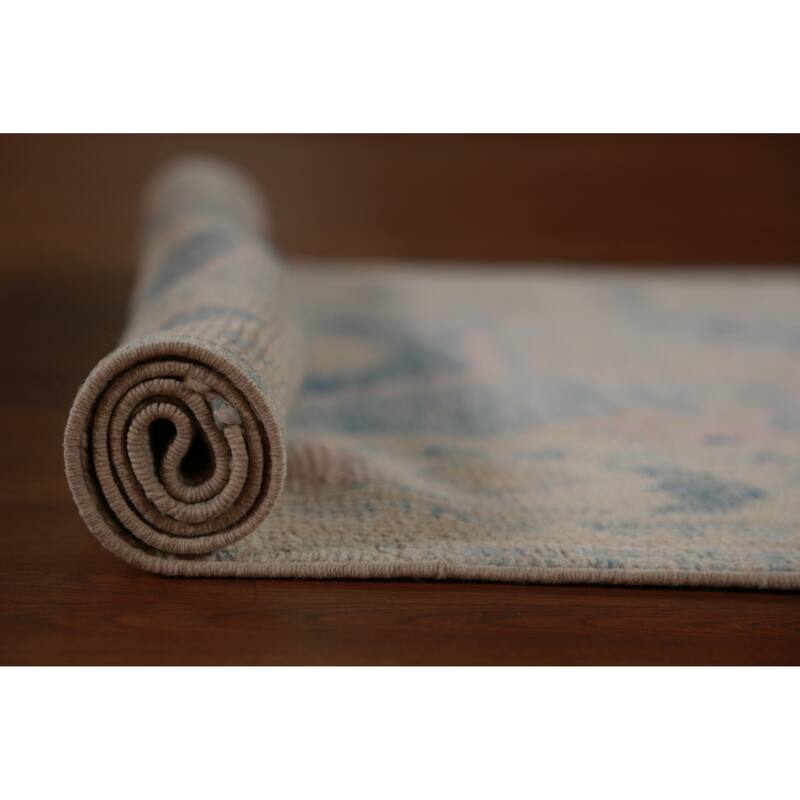 Hand Knotted Oriental 100% Wool Carpet Transitional Geometric Navy Blue & Blues Oushak Runner Rug - 12' 2'' X 3' 3''