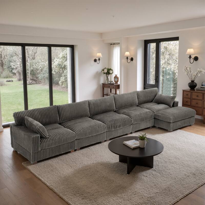 Cloud-Like Flannel Fabric Modular Sectional Sofa with Ottoman