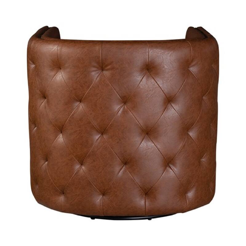 Roomfitters Tufted Barrel Swivel Accent Chair, 360 Degree Faux Leather Lounge Chair with Nailhead Trim for Living Room, Brown