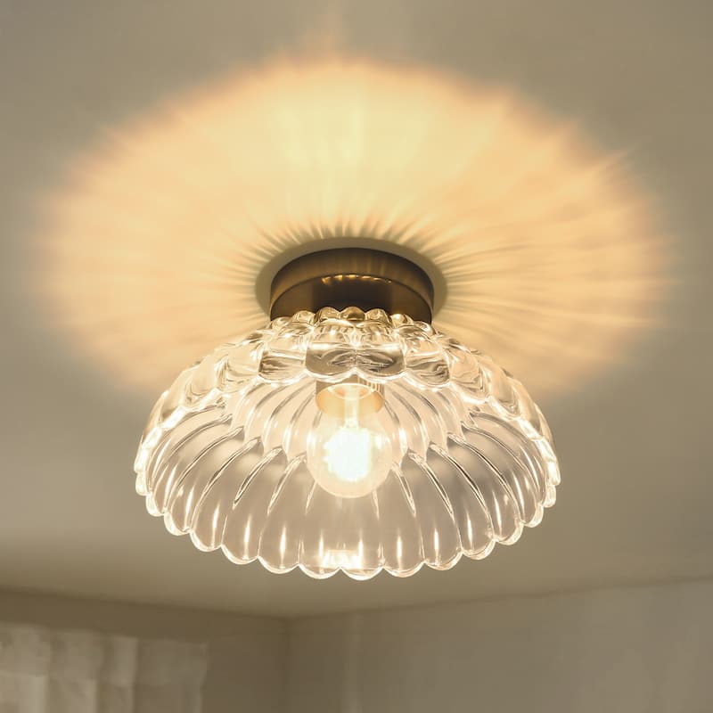 1-Light Vintage Brass Finish Metal Semi-Flush Mount Ceiling Light with Amber/Green/Grey/Clear Glass Shade for Kitchen, Hallway