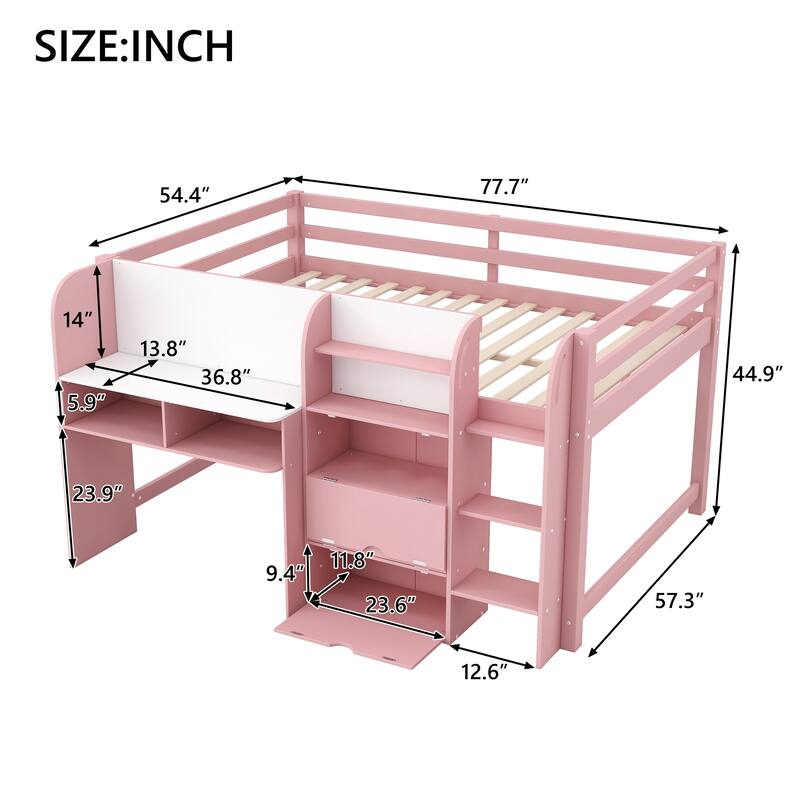 Full Size Low Loft Bed with Storage, Desk, Bookcase, and Graffiti Whiteboard for Kids