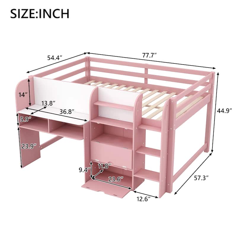 Roomfitters Full Size Low Loft Bed with Desk, Storage Cabinets, Open Bookcase and Whiteboard, Multifunctional Wooden Frame, Pink