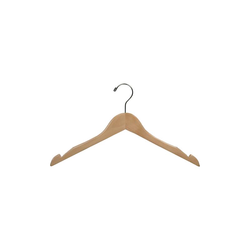 Natural Wooden Top Hangers with Non-Slip Rubber Strips and Sturdy Countersunk Chrome Hook 17"Length x 7/16" Thick Box of 25