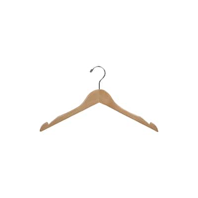Natural Wooden Top Hangers with Non-Slip Rubber Strips and Sturdy Countersunk Chrome Hook 17"Length x 7/16" Thick Box of 25