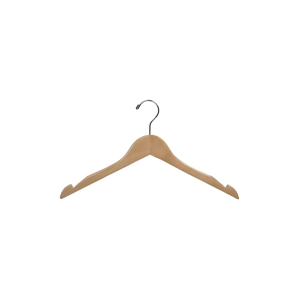 Natural Wooden Top Hangers with Non-Slip Rubber Strips and Sturdy Countersunk Chrome Hook 17"Length x 7/16" Thick Box of 25
