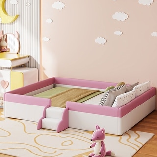 Upholstered Floor Bed Fence Bed Slat Platform Bed with Fence and Second Level Ladder, Anti-collision Frame for Kids Toddler