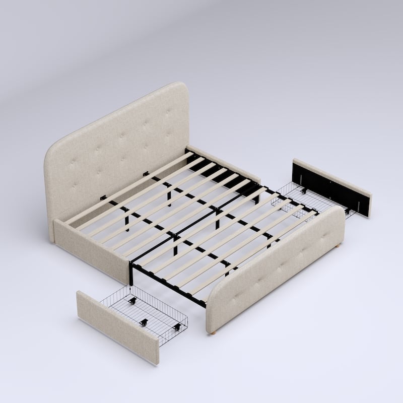 King Size Beige Linen Upholstered Platform Bed Tall Tufted Headboard & High Footboard Minimalist Storage Bed Frame w/Drawers