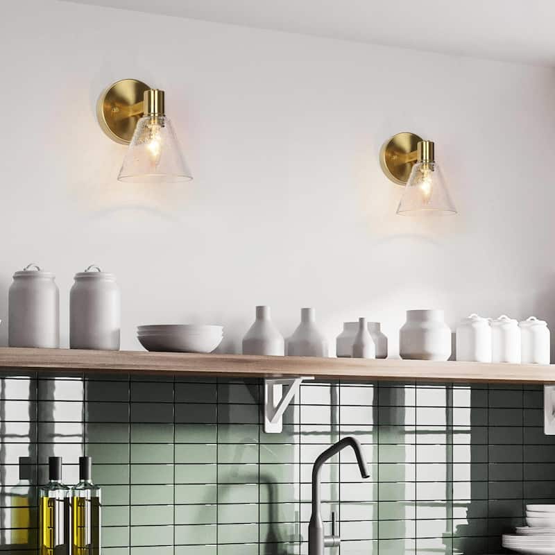 Veniya Glam Gold LED Bathroom Single Cone Wall Sconce Electroplate Brass 1-light with Clear Seeded Glass - L 5" x W 6.5" x H 7"