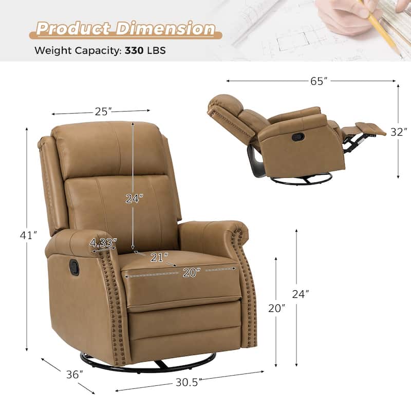 Alina Modern 20''w Genuine Leather Swivel Rocker Nursery Manual Recliner Chair with Rolled Arms by HULALA HOME