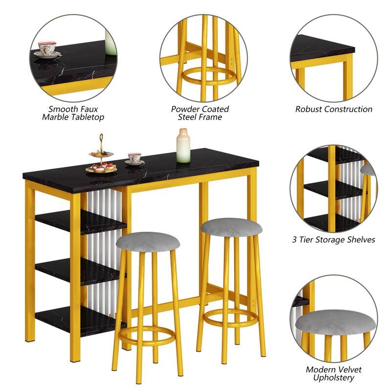 Bar Table Set with Storage Shelves, Faux Marble Breakfast Table with 2 Velvet Stools for Kitchen/Dinning Room/Living Room/Studio