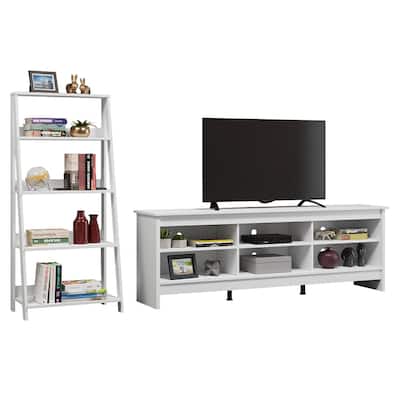 Madesa 6 shelves TV Stand up to 75" + Ladder Shelf Standing Bookcase - White
