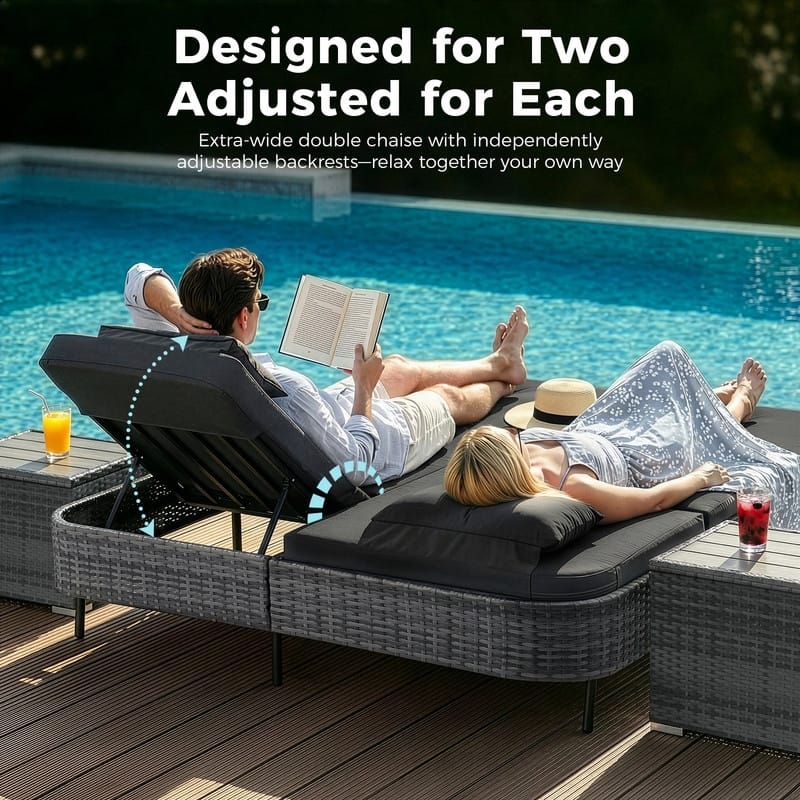 Outdoor Sectional Conversation Set PE Wicker with Double Chaise Lounge, 60,000 BTU Fire Pit Table