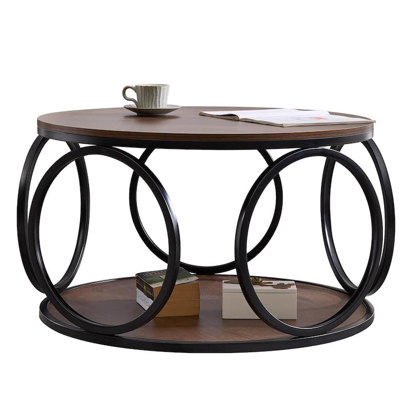 2-Tier Round Industrial Coffee Table with Metal Frame - 31.5"Dia x 18.7"H