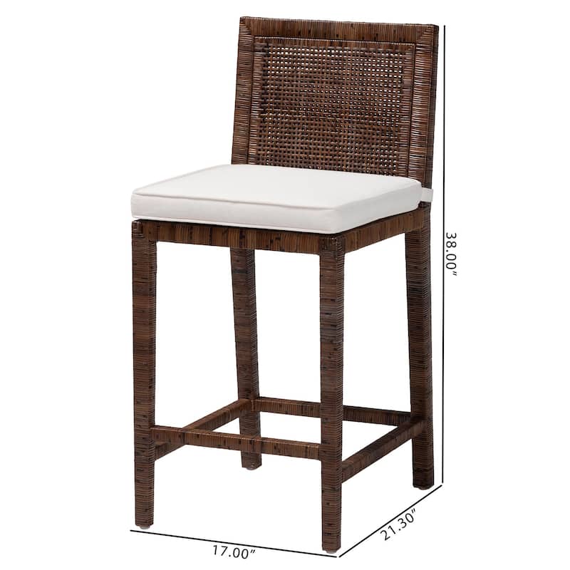 Sofia Rattan Counter Stool with Mahogany Wood Frame - Handwoven Wicker Counter Height Chair with Cushion, Coastal Boho Seating