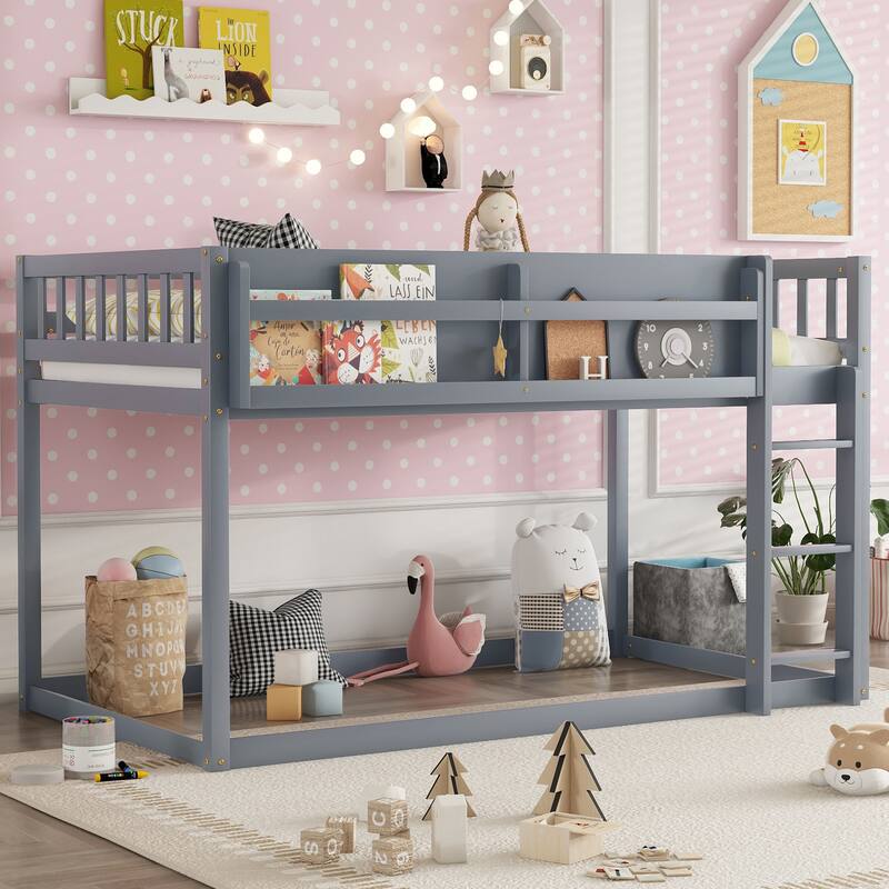 Low Twin Over Twin Bunk Bed, Floor Bunk Bed with Ladder and Storage Shelf, Convertible Design Twin Size Bunk Bed Frame