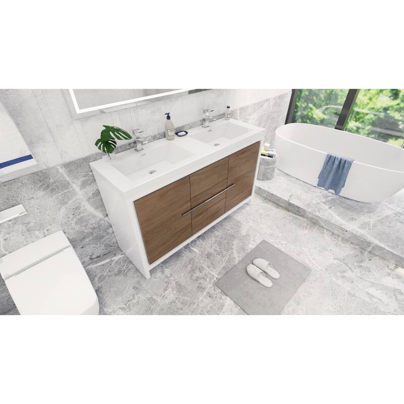 dolce 60 natural oak finish freestanding bath vanity with dual basin reinforced acrylic top