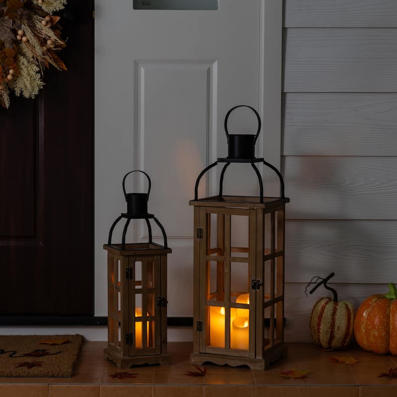 Glitzhome Farmhouse Wooden Metal Cage Candle Holders Patio Hanging Vintage Lanterns (Set of 2)