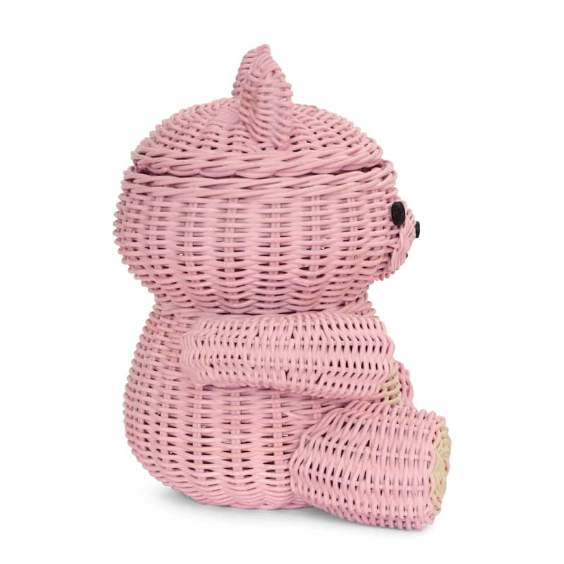Pink Bear Rattan Storage Basket with Lid Decorative Home Decor Hand Woven Shelf Organizer Cute Handmade Handcrafted Gift Art