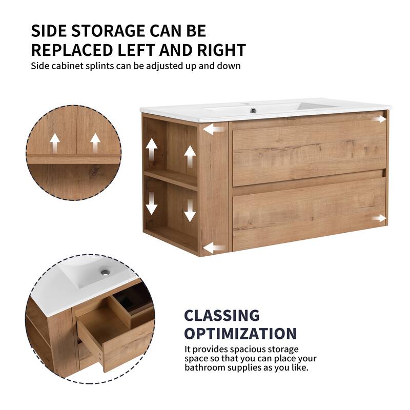 35.9-Inch Modern Bathroom Vanity with Ceramic Sink, Adjustable Side Shelf, Soft-Close Drawers, and 45° Beveled Invisible Handle