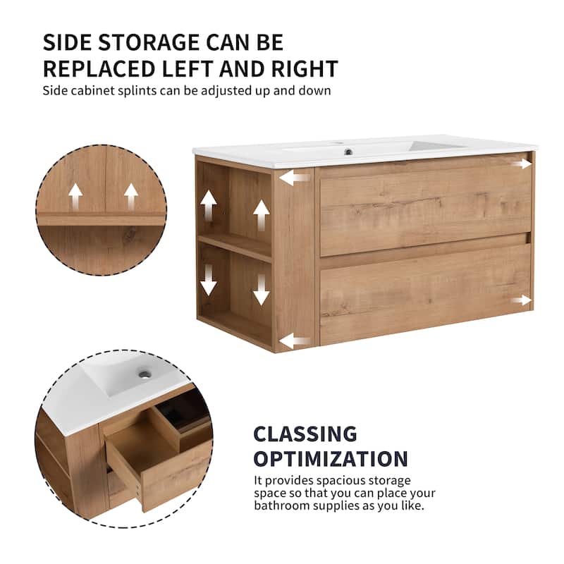 36" Wall Mounting Bathroom Vanity With Ceramic Sink, Soft Close Drawer