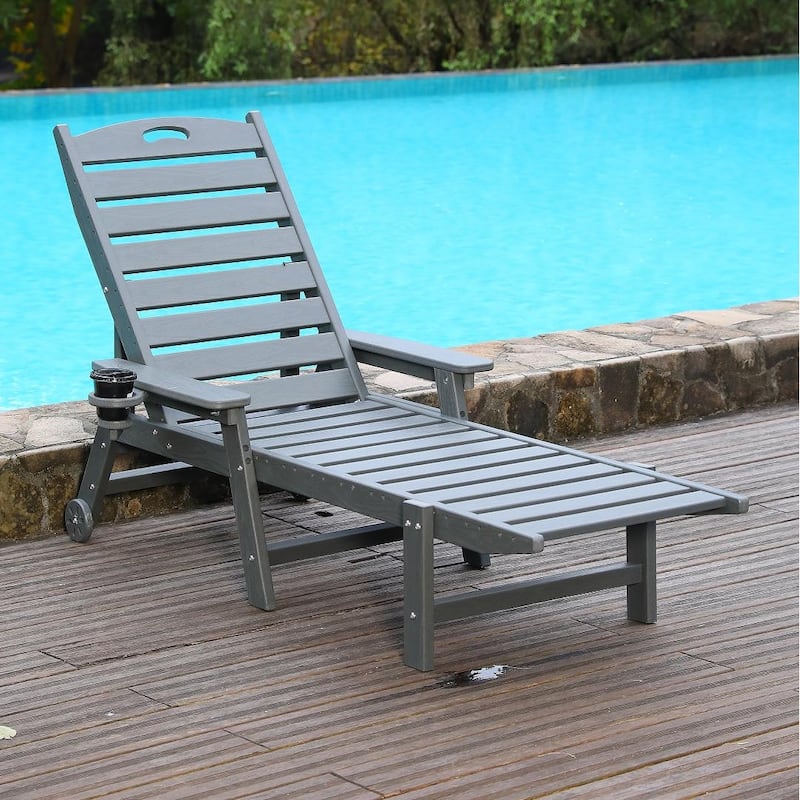 HDPE Chaise Lounge Chair Outdoor, Pool Lounge Chairs with 4-Position Adjustable Backrest, Supports Up to 400 LBS - Gray