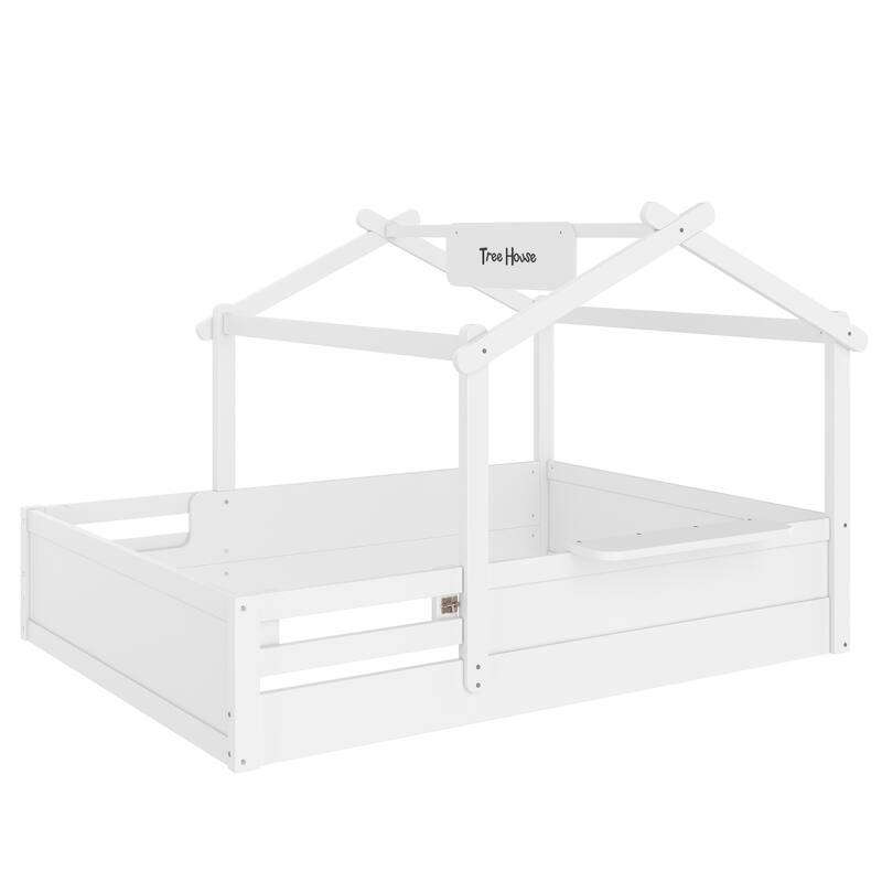 Full Size Floor Bed with Guardrails and Roof, Kids House Floor Bed with a Small Built-in Tray and Free-installed Signboard