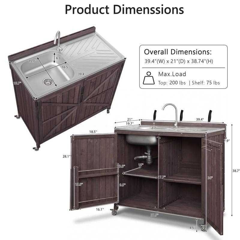 2-Piece Outdoor Kitchen Island Set with Stainless Steel Top and Sink, Drawer and Cabinets for Outdoor Storage w/ Wheels