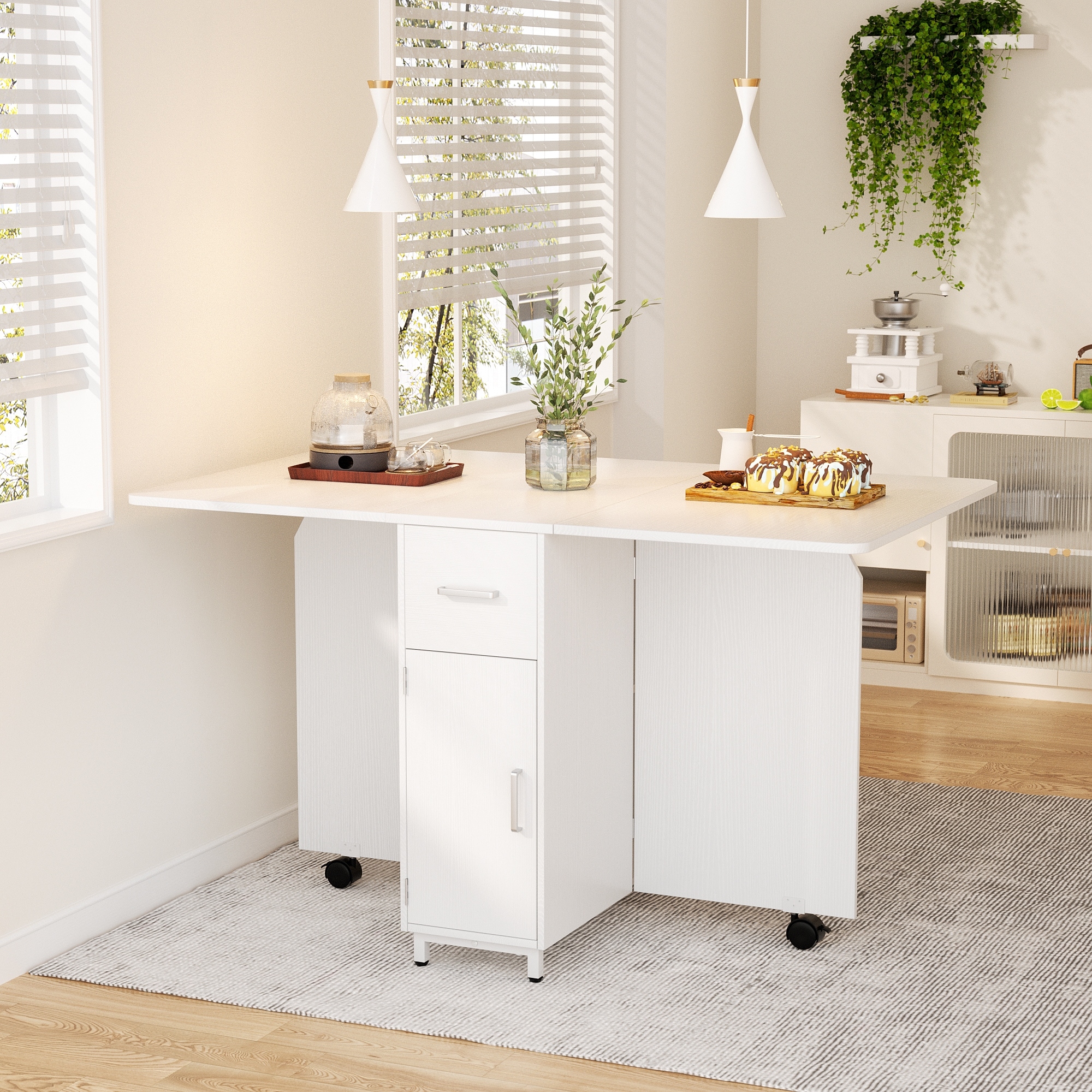 Modern Farmhouse Foldable Dining Table with Storage Cabinet