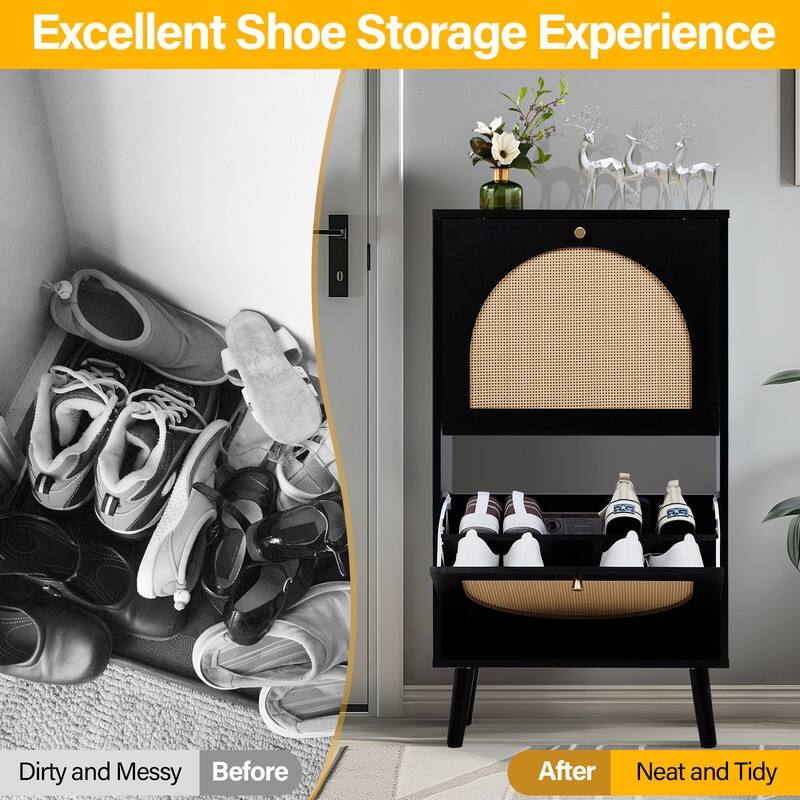 Rattan Shoe Cabinet with 2 / 4 Flip Drawers, Narrow Shoe Storage Cabinet,Organizer for Entryway, Bedroom, Living Room