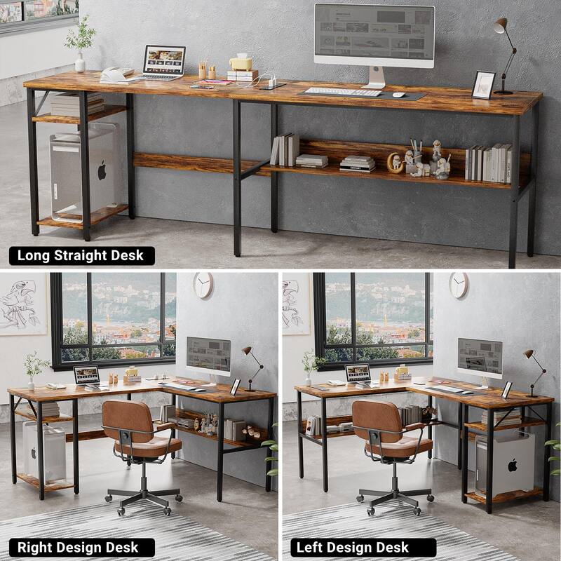 Reversible L Shaped Desk with Storage Shelves, Home Office Corner Desk with Charge Station