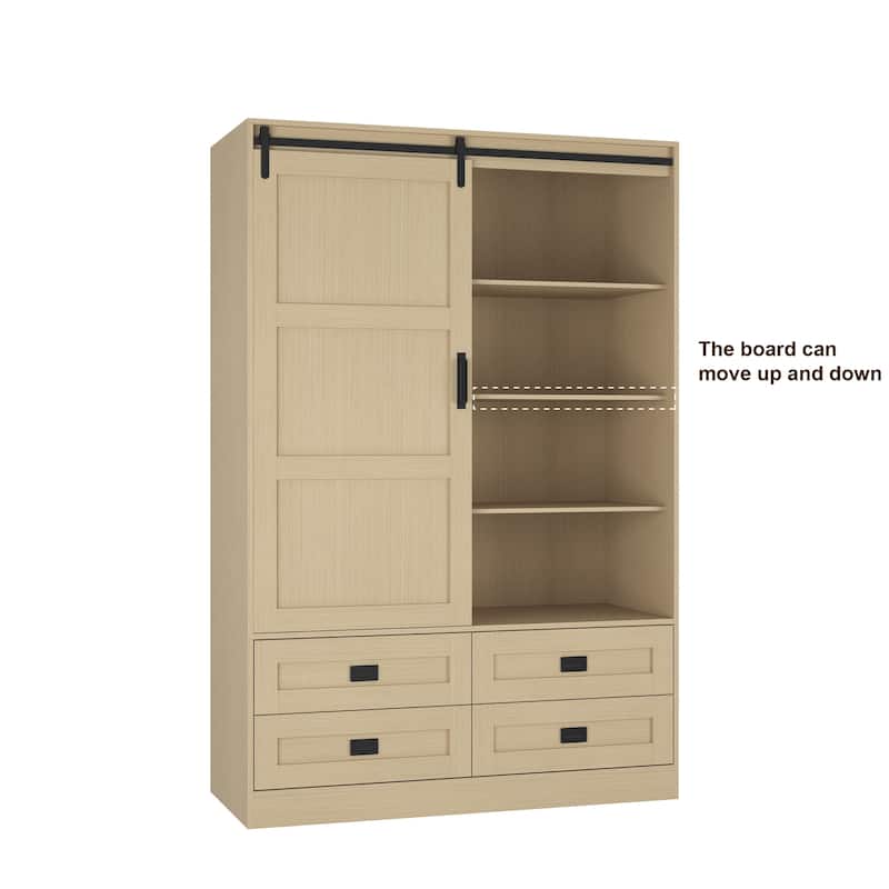 Tall Wardrobe Armoire with Hanging Rod, Barn Door, 4 Drawers, and Open Shelves, MDF Clothing Storage Cabinet for Bedroom