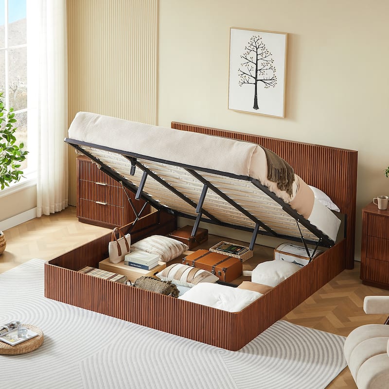 Platform Bed Lift Up Hydraulic Storage Bed Frame Wooden Corrugated Curved Lines Design Frame Wood Slat Metal Support Bed Frame - Walnut - King