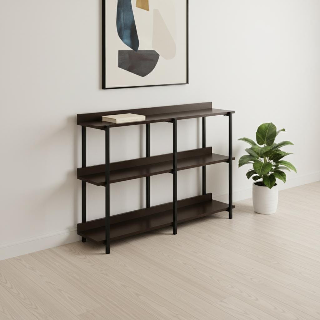 HomeRoots 47" Brown and Black Wood and Metal Frame Console Table With Three Shelves - 47.25 in. x 34.00 in. x 12.00 in.