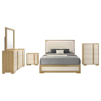 Hyle 5pc Queen Bedroom Set, Natural Brown and White Finish, Dressers