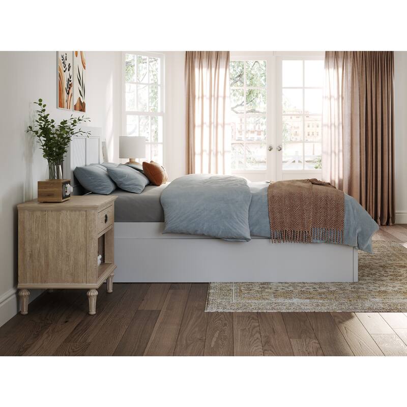 Mediterranean Twin XL Platform Bed with Trundle & USB - White Wood Bed Frame - 600lb Capacity