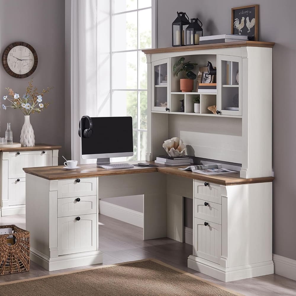 Farmhouse Computer Desk with Hutch, Wood Home Office Desk