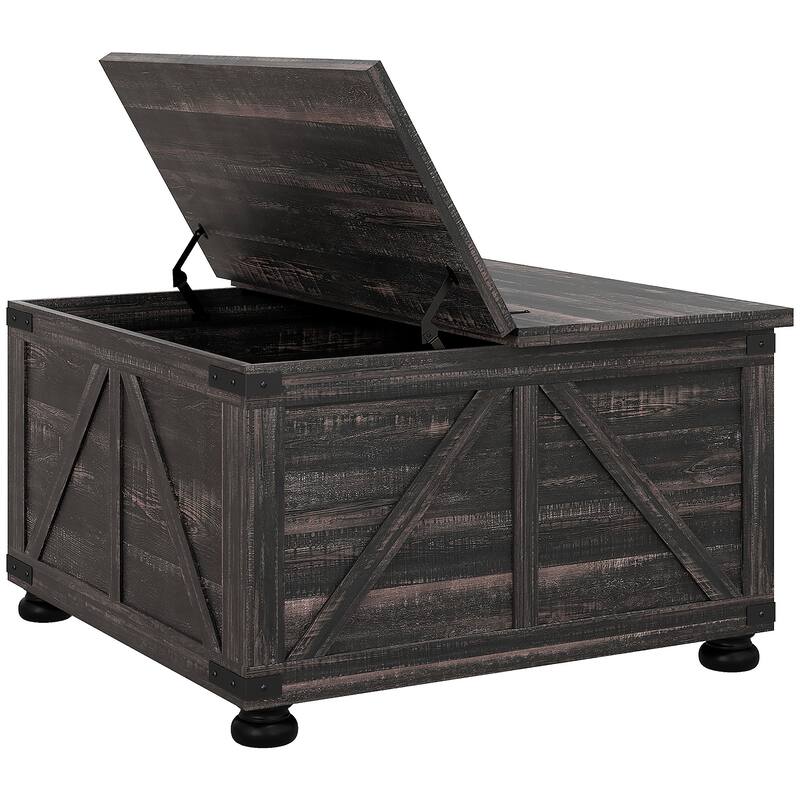Farmhouse Square Coffee Table with Storage for Living Room, Center Table with Hinged Flip Lift Top and Hidden Space - Brown