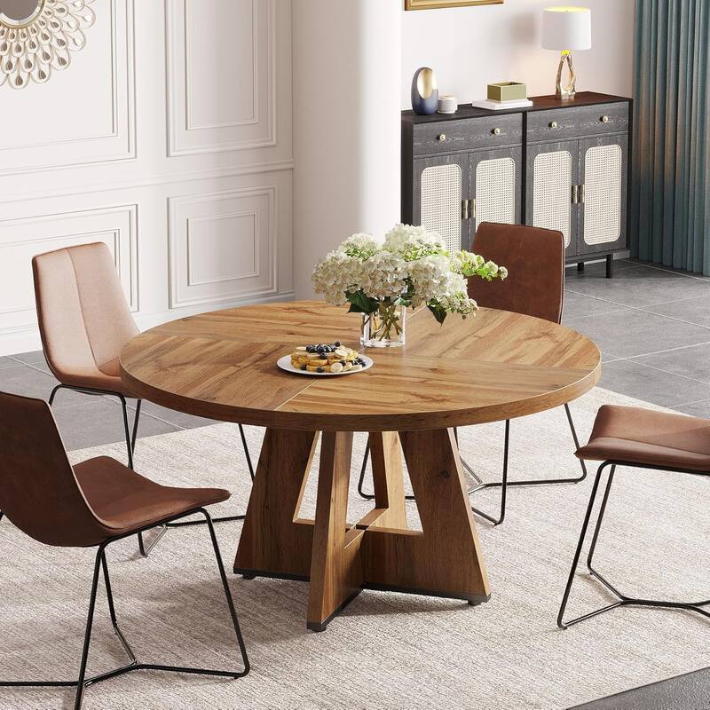 47" Round Wood Dining Table 4-Seater Farmhouse with Wooden Tabletop Cross Base for Dining Room/Kitchen