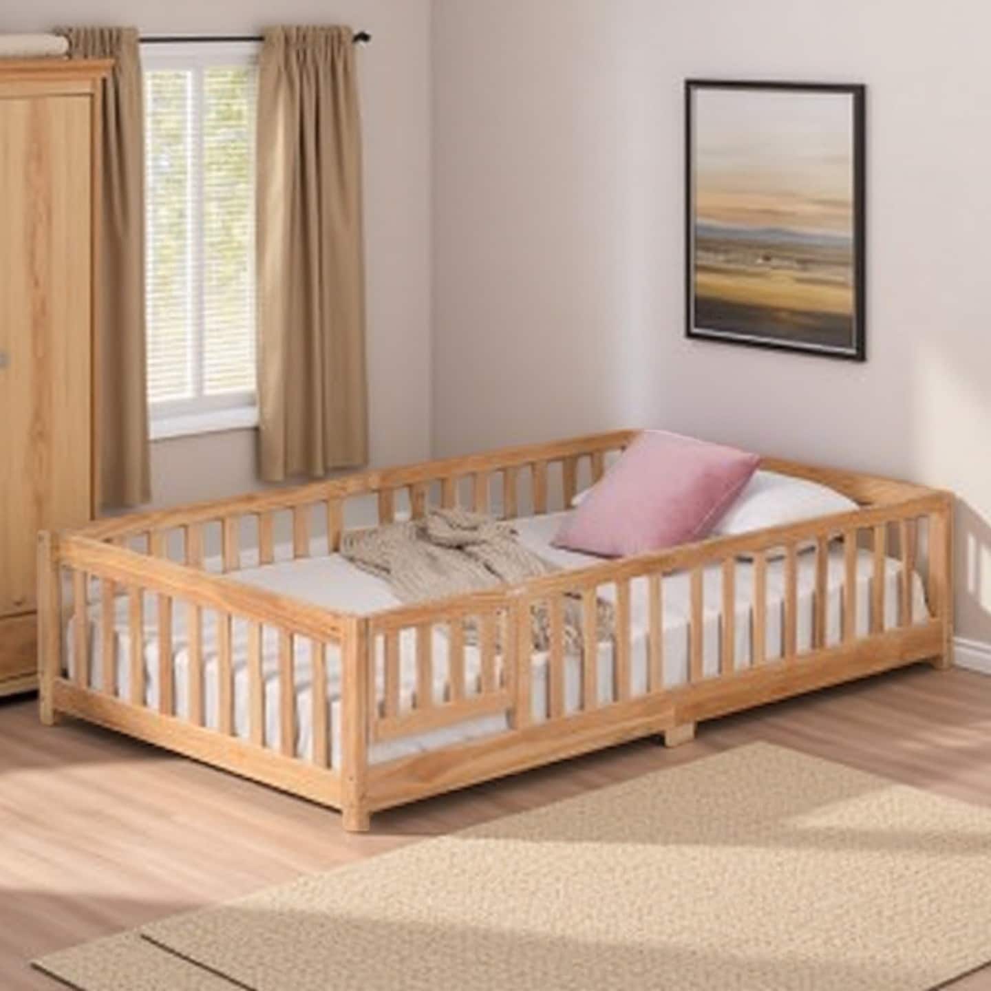 Full Size Floor Bed with Safety Guardrails & Door, Solid Pine Wood Platform Frame for Children, Low Profile Design