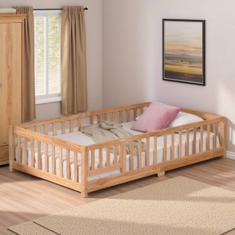 Full Size Floor Bed with Safety Guardrails & Door, Solid Pine Wood Platform Frame for Children, Low Profile Design - Natural