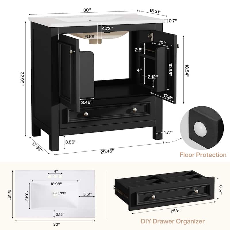 30 Inches Modern Bathroom Vanity with Sink, Vanity Cabinet with Drawer and Door Organizer