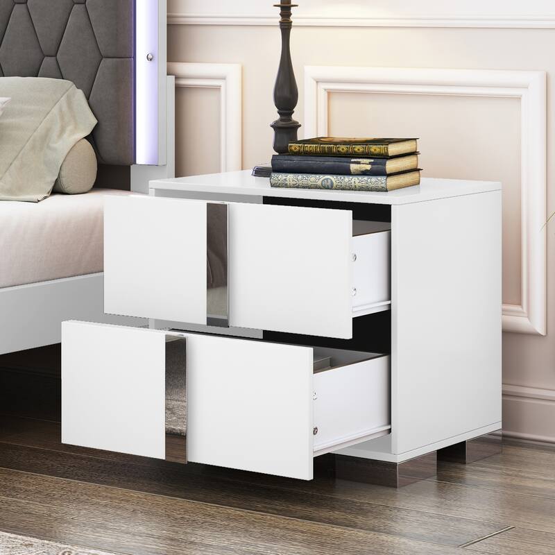 Nightstand with 2 Drawers, Sofa Side Table with Mirrored Metal Handle & Base, Multi-functiona Wooden Accent Table - White