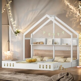 Twin Size House Platform Beds with Shelves and Guardrails, 2 Shared Beds in Creamy White