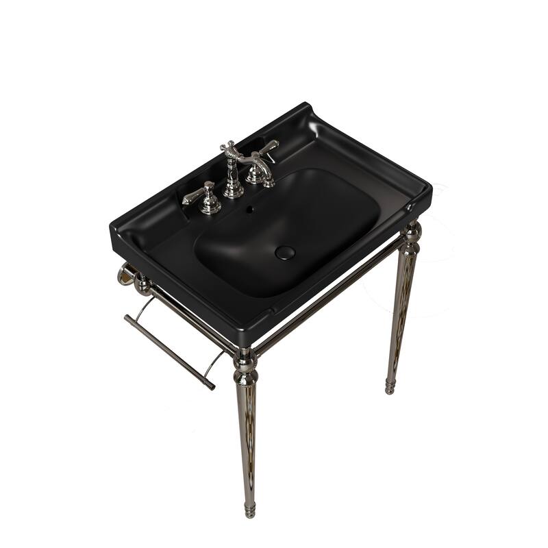 28" Bathroom Console Sink, Wall-Mounted Black Ceramic Vanity Basin with 3 Pre-drilled Faucet Holes