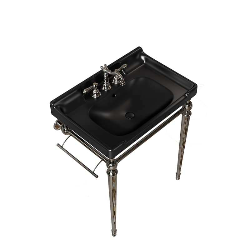 Console Sink, Wall-Mounted Ceramic Vanity Basin，Freestanding Stainless Steel Support Legs With Towel Bar, No Faucet